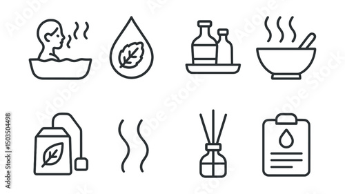 Line style icons of aroma in bath: inhalation icon, menthol drop, bottle tray, steam aroma mix, herb infusion bag, scent symbol, diffuser stick, essential recipe icon.