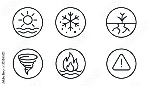 Line style icons of extreme climate in circles: heatwave symbol, blizzard icon, drought icon, hurricane swirl, tornado cone, wildfire icon, flood level mark, climate emergency.