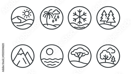 Line style icons of climate zones in circles: desert heat, tropical rain, arctic chill, temperate forest, alpine icon, ocean climate, savanna icon, continental badge.
