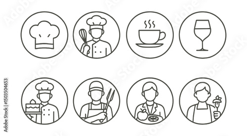 Line style icons of culinary professions in circles: chef hat, baker with whisk, barista cup, sommelier glass, pastry chef cake, grill master tongs, nutritionist plate, food stylist icon.