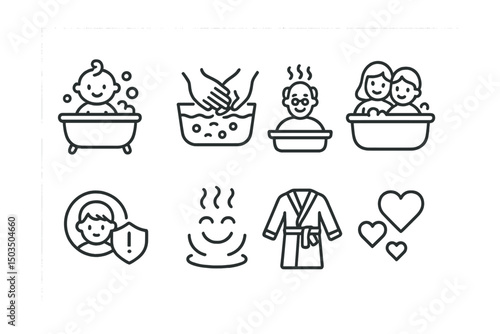 Line style icons of bath and family: baby’s first bath, hand in hand soak, grandparent in steam, sibling bath moment, child safety icon, playful steam shape, mini robe icon, love in air.