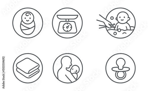 Line style icons of newborn care in circles: swaddled baby, baby scale, umbilical cord care, newborn bath, soft blanket, burping pose, nursing icon, pacifier symbol.