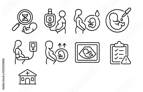 Line style icons of pregnancy: genetic screening, glucose tolerance test, amniotic fluid check, blood pressure reading, fetal movement count, prenatal scan result, OBGYN clinic, risk checklist.