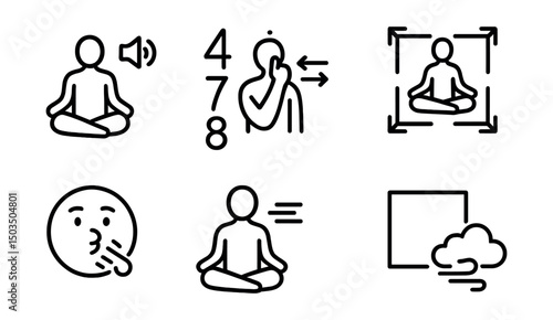 Line style icons of yoga and breathwork: guided breath icon, 4–7–8 technique, alternate nostril breathing, square breathing icon, breath hold circle, calming rhythm, box breath frame, breath cloud.