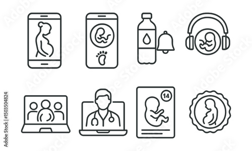 Line style icons of pregnancy: maternity app icon, kick counter app, water intake reminder, prenatal podcast, online parenting group, virtual doctor consult, fetal development week view, pregnancy