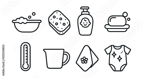 Line style icons of baby care: baby bathtub, soft sponge, baby shampoo, gentle soap, bath thermometer, rinse cup, baby towel, clean onesie.