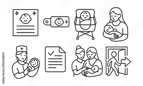 Line style icons of childbirth: birth announcement card, baby wrist tag, hospital baby cot, mother holding newborn, nurse check-up icon, discharge documents, lactation consult, hospital exit icon.
