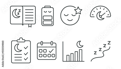 Line style icons of healthy sleep: sleep diary icon, track energy levels, sleep quality star, sleep debt indicator, bedtime goal tracker, weekly average icon, sleep insights graph, sleep effort line.