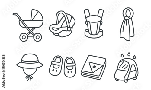 Line style icons of baby care: stroller, car seat, baby carrier, sling wrap, sun hat, soft shoes, baby blanket, weather cover.