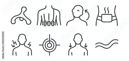Line style icons of body care: massage tool, back roller, neck stretch, warm compress, sore muscle icon, tension point symbol, shoulder relaxation icon, body unwind wave.