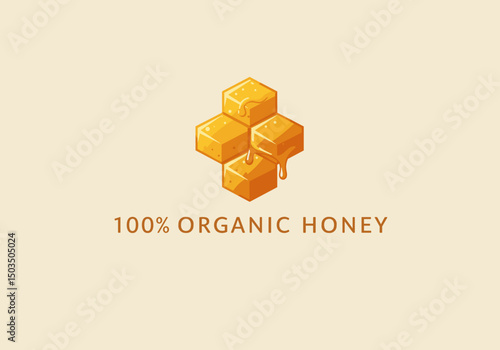 100% organic honey logo with honeycomb and flowing honey design  