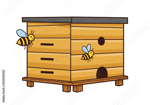 Cartoon wooden beehive with bees flying around it  