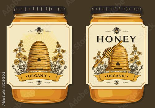 Organic honey jar label design featuring beehive and flowers  