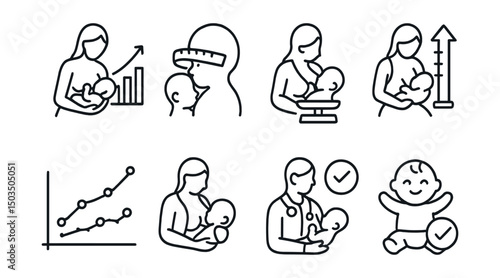 Line style icons of breastfeeding: baby growth tracker, head circumference icon, weight gain scale, length chart icon, feeding correlation graph, wellness check icon, pediatric visit, healthy baby