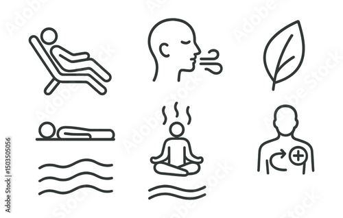 Line style icons of bathhouse: relaxation icon, deep breath symbol, wellness leaf, resting person, meditation in steam, calm waves, body reset icon, health restore symbol.