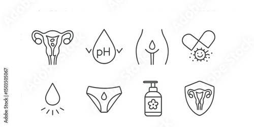 Line style icons of women’s health: vaginal microbiome, pH balance icon, healthy discharge guide, probiotic support, dryness droplet, intimate hygiene icon, safe wash product, flora protection.