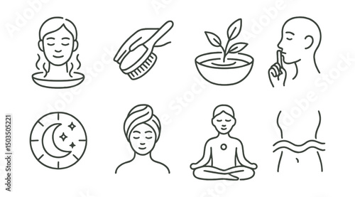Line style icons of bath rituals: purification steam, slow brush stroke, herbal rinse, silence symbol, moon calendar, spiritual towel wrap, inner focus icon, body cleanse wave.