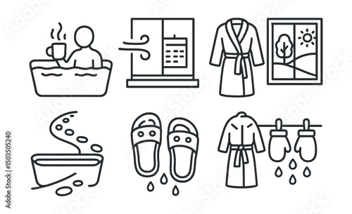 Line style icons of seasonal bathing: hot drink in winter bath, breeze through window, seasonal schedule icon, nature through window, seasonal robe icon, snow trail to bath, wet sandals, drying