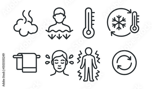 Line style icons of contrast therapy: steam blast, icy plunge, temperature meter, sauna-cold repeat symbol, towel switch icon, face splash, body shock icon, circulatory symbol.