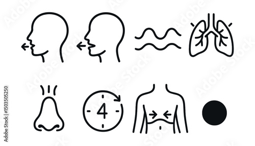 Line style icons of yoga and breathwork: inhale icon, exhale icon, breath wave, lungs with energy lines, nose breathing symbol, slow breath counter, diaphragm motion icon, focus dot.
