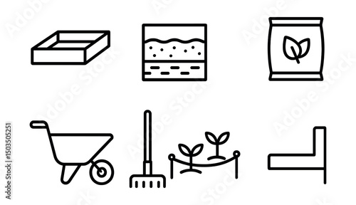 Line style icons of garden and greenhouse: raised bed frame, soil layers diagram, weed barrier fabric, mulch bag, wheelbarrow icon, rake tool, planting line, bed border edge.