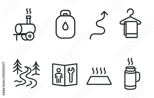 Line style icons of mobile bath: mobile stove wheel, travel bath bag, trail icon, camp towel hook, backcountry stream, setup instruction icon, dry-off zone, thermos with tea.