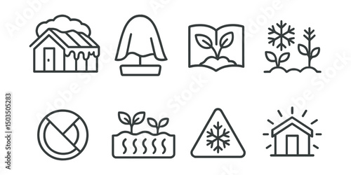 Line style icons of garden and greenhouse: snow on greenhouse, insulation cover, winter planting guide, cold-hardy plants, low light icon, warm bed icon, frost warning icon, greenhouse glow.