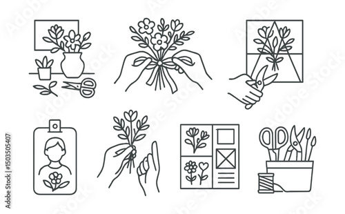 Line style icons of floristry: workshop space icon, florist hands tying ribbon, stem trimming, bouquet composition guide, student badge, creative moodboard, hands-on instruction, floral toolkit.