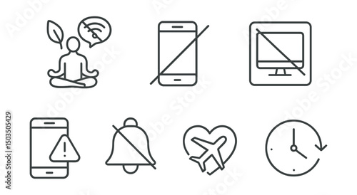 Line style icons of meditation and mindfulness: digital detox icon, phone off symbol, no screen zone, digital rest day, screen time alert, silence notification icon, airplane mode heart, time away