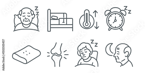 Line style icons of healthy sleep: senior sleep comfort, safe bed rail, temperature control, quiet clock, memory foam pillow, joint support icon, restful nap icon, elder sleep pattern.