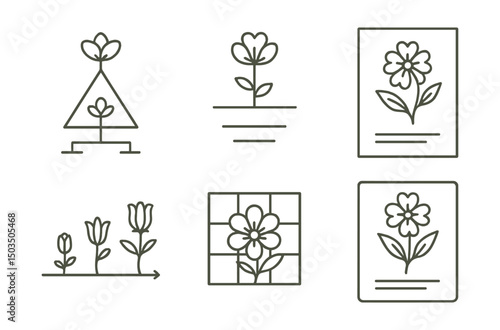 Line style icons of botanical illustration: plant taxonomy symbol, genus/species label, vintage herb sheet, floral style evolution, educational diagram icon, flower study grid, reference sheet icon,
