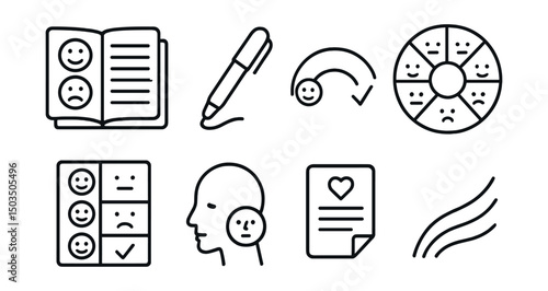 Line style icons of emotional recovery: journal with emotions, gentle pen icon, mood tracking symbol, feeling wheel, emotional check-in chart, self-reflection face, note to self icon, healing lines.