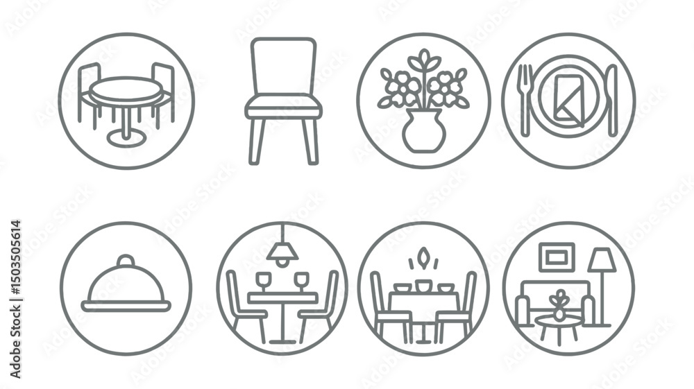 Line style icons of interior design: round table layout, chair arrangement, centerpiece floral icon, plate and napkin decor, serving tray layout, warm dinner scene, interior hosting zone, guest table Line style icons of interior design: round table layout, chair arrangement, centerpiece floral icon, plate and napkin decor, serving tray layout, warm dinner scene, interior hosting zone, guest table