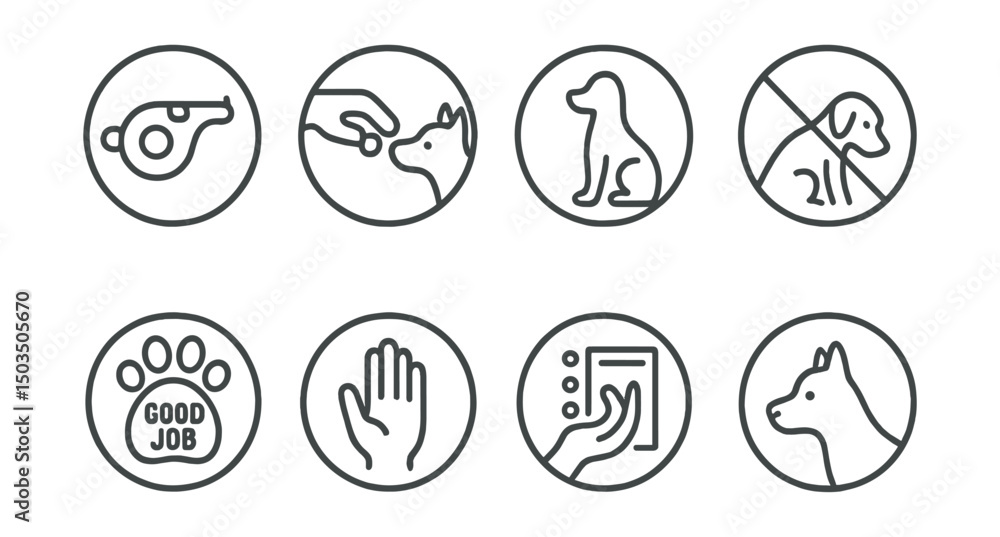 Line style icons of pets at home: training whistle icon, positive reward icon, sit command badge, pet behavior symbol, simple tricks chart, good job paw, hand gesture symbol, focused pet icon. Line style icons of pets at home: training whistle icon, positive reward icon, sit command badge, pet behavior symbol, simple tricks chart, good job paw, hand gesture symbol, focused pet icon.