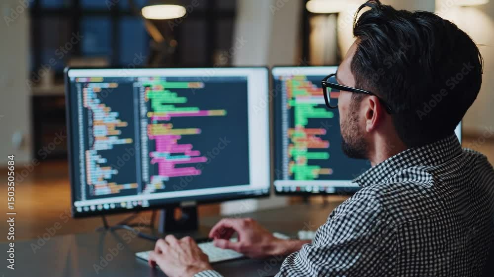 Developer immersed in code: analyzing and writing software in a modern workspace Developer immersed in code: analyzing and writing software in a modern workspace