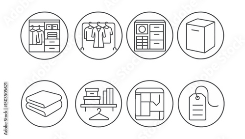Line style icons of interior design: open closet view, clothing rack with harmony, drawer with organizers, vertical storage box, folded linen icon, space-saving setup, tidy label tag, interior order