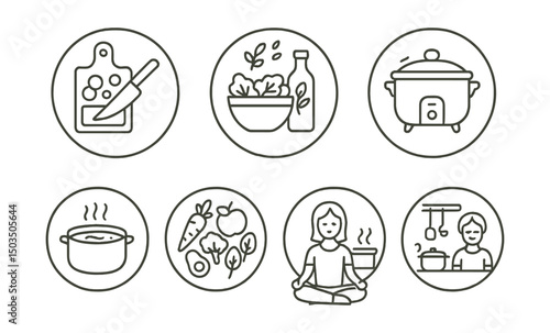 Line style icons of wellness and healthy living: food prep icon, chopped veggies on board, salad bowl with seeds, oil and herbs symbol, slow cooking moment, soup in pot icon, healthy ingredients