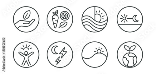 Line style icons of wellness and healthy living: nature-based habit icon, seasonal eating badge, living with rhythm chart, sunrise and sleep balance, aligned with light icon, moon and energy flow,