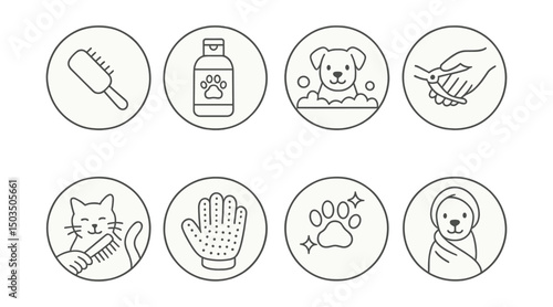 Line style icons of pets at home: grooming brush icon, pet shampoo bottle, bath time dog, nail trim circle, combing cat icon, fur removal glove, clean paw icon, towel wrap after wash. Circular icons