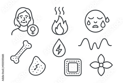 Line style icons of women’s health: menopause icon, hot flash symbol, night sweats icon, mood shift wave, bone density icon, vaginal dryness drop, hormone replacement patch, life cycle flower.