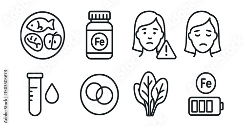 Line style icons of women’s health: iron-rich food plate, iron supplement bottle, anemia alert icon, fatigue face, blood test icon, hemoglobin symbol, leafy greens icon, iron energy level.