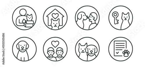 Line style icons of pets at home: adoption process icon, shelter love heart, meet and greet symbol, forever home key, new family badge, rescued and loved icon, pet match symbol, signed adoption paper