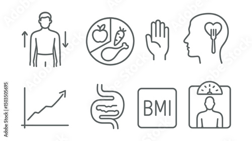 Line style icons of men’s health: healthy weight icon, balanced food plate, portion control hand, mindful eating symbol, weight tracking chart, digestive health icon, BMI icon, scale with body