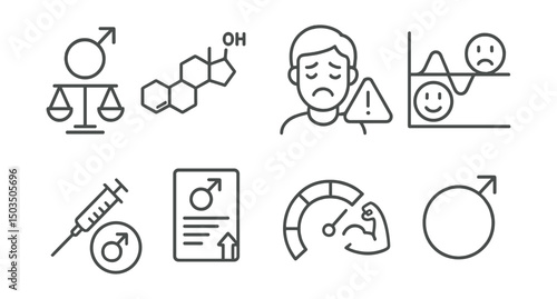 Line style icons of men’s health: hormone balance icon, testosterone molecule, fatigue alert icon, mood changes chart, hormone therapy icon, hormone lab result, strength level bar, hormonal cycle.