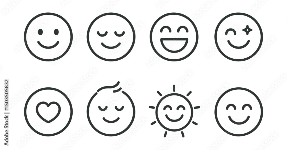 Line style icons of emotions and moods: happy face in circle, peaceful smile icon, laughing expression badge, joyful spark symbol, heartwarming moment, lightness of mood, radiating glow face, Line style icons of emotions and moods: happy face in circle, peaceful smile icon, laughing expression badge, joyful spark symbol, heartwarming moment, lightness of mood, radiating glow face,