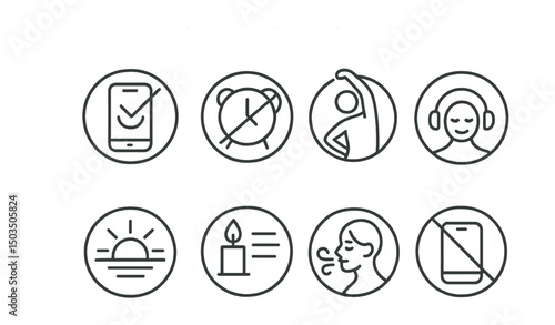 Line style icons of digital minimalism: device-free morning icon, no screen wake-up ring, analog sunrise symbol, stretch instead of scroll badge, morning silence icon, screen-free routine, gentle
