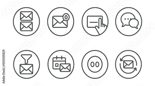 Line style icons of digital minimalism: email batching icon, calm inbox badge, unsubscribe gesture, fewer messages ring, email filter symbol, once-a-day inbox check, simplified communication icon,