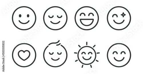 Line style icons of emotions and moods: happy face in circle, peaceful smile icon, laughing expression badge, joyful spark symbol, heartwarming moment, lightness of mood, radiating glow face,