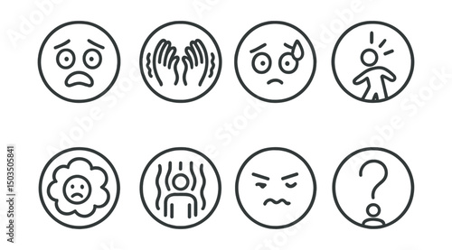Line style icons of emotions and moods: fear icon, trembling hands ring, wide open eyes, cold sweat symbol, startled jump badge, fear fog bubble, inner tension line, uncertainty zone. Circular icons