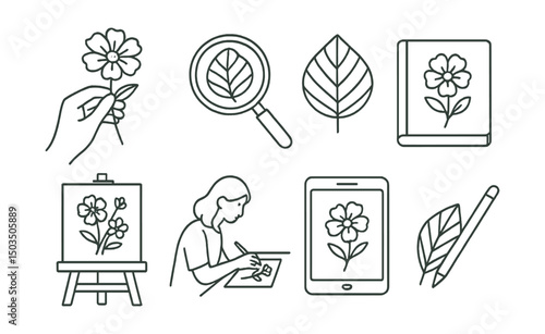 Line style icons of botanical illustration: hand holding flower sketch, close-up botanical lens, leaf veins zoom, botanical notebook icon, artboard with flowers, drawing session scene, digital